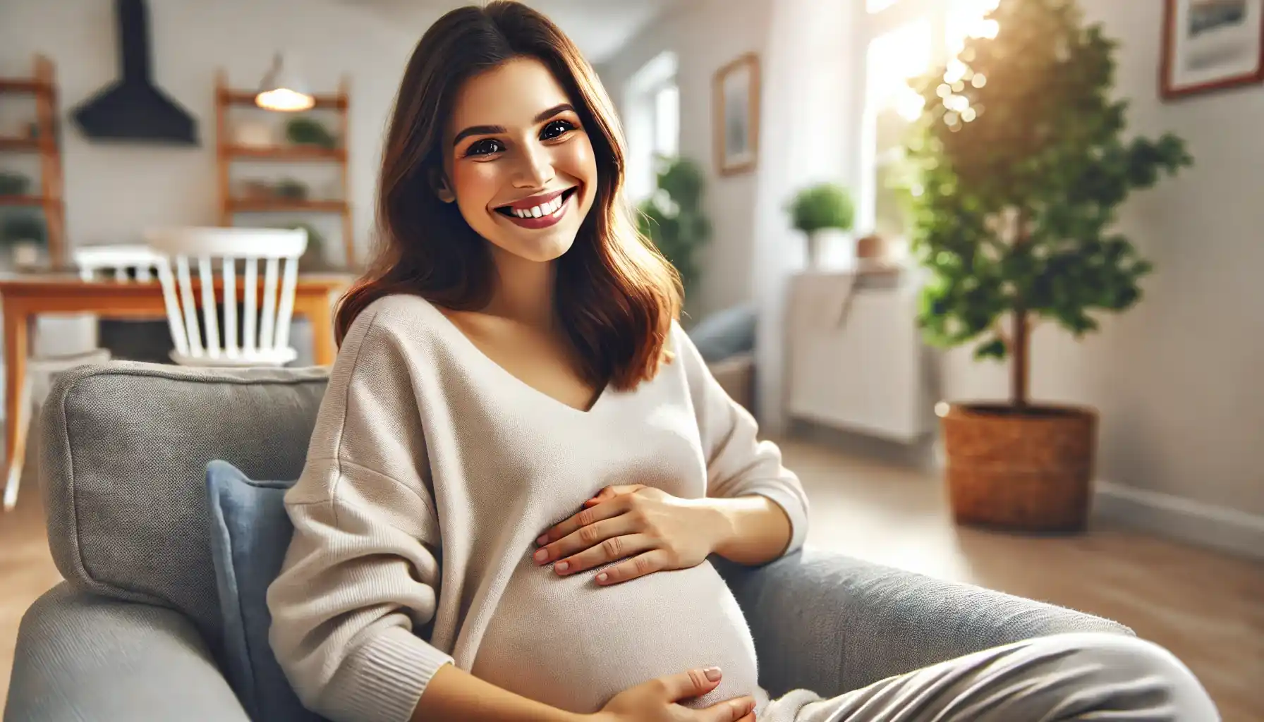 a happy pregnant woman sitting comfortably in a living room, gently cradling her belly.