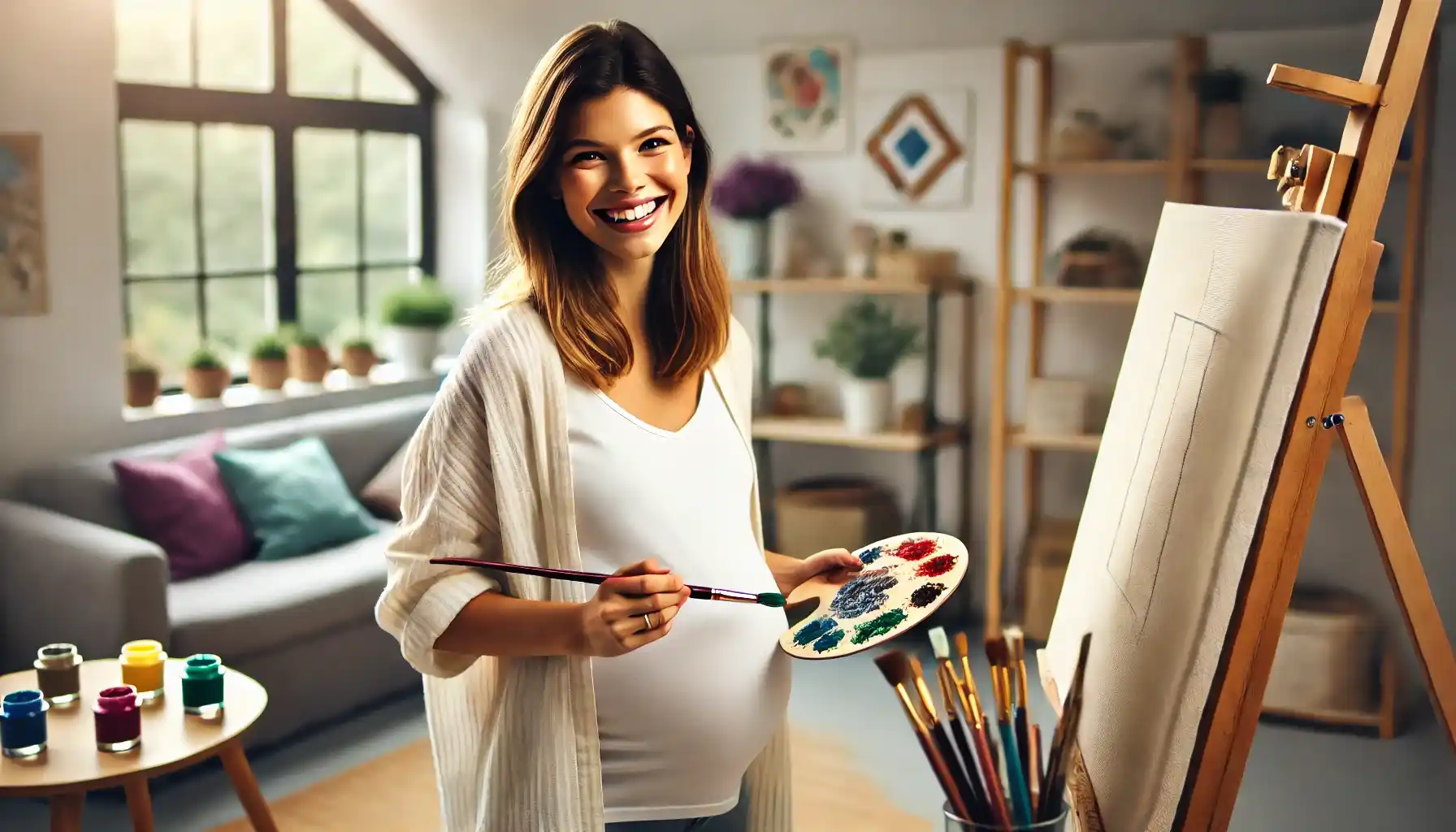 a smiling pregnant woman painting on a canvas and wearing a comfortable yet stylish maternity outfit.