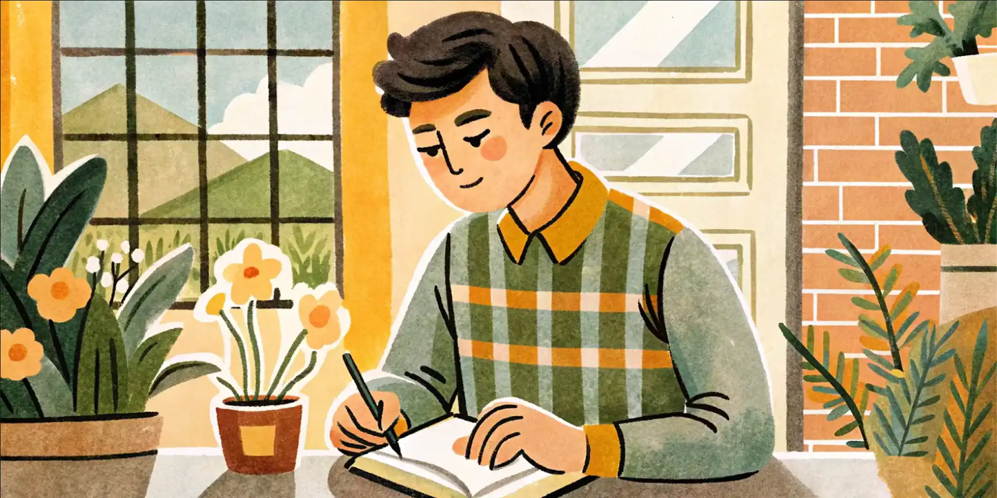 a young man is writing something in a notebook