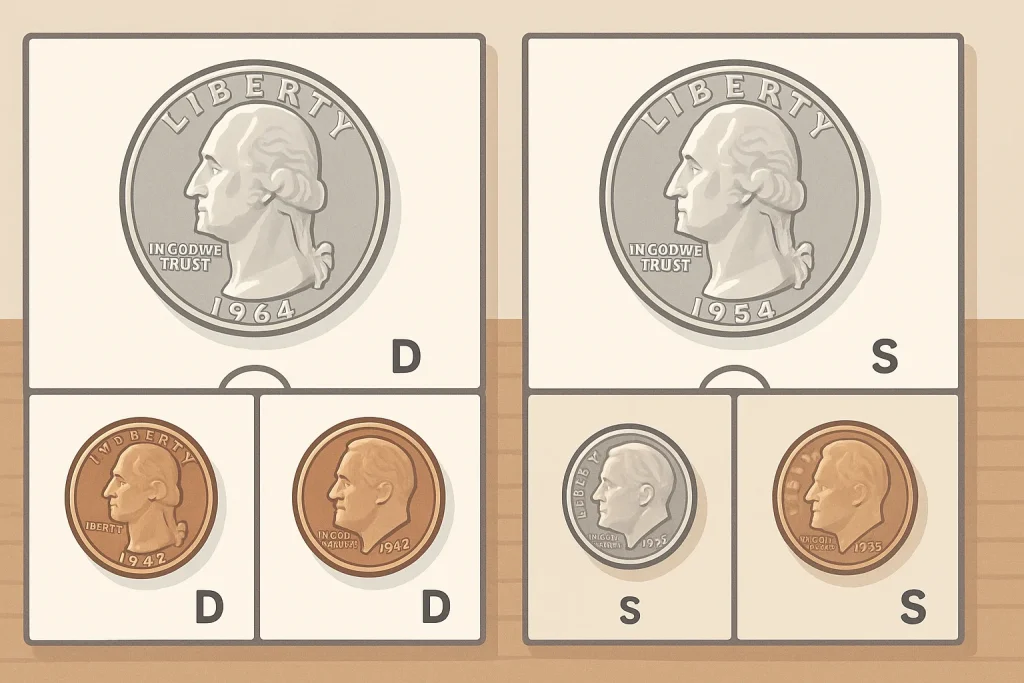 A part of a numismatic album with quarters and pennies.