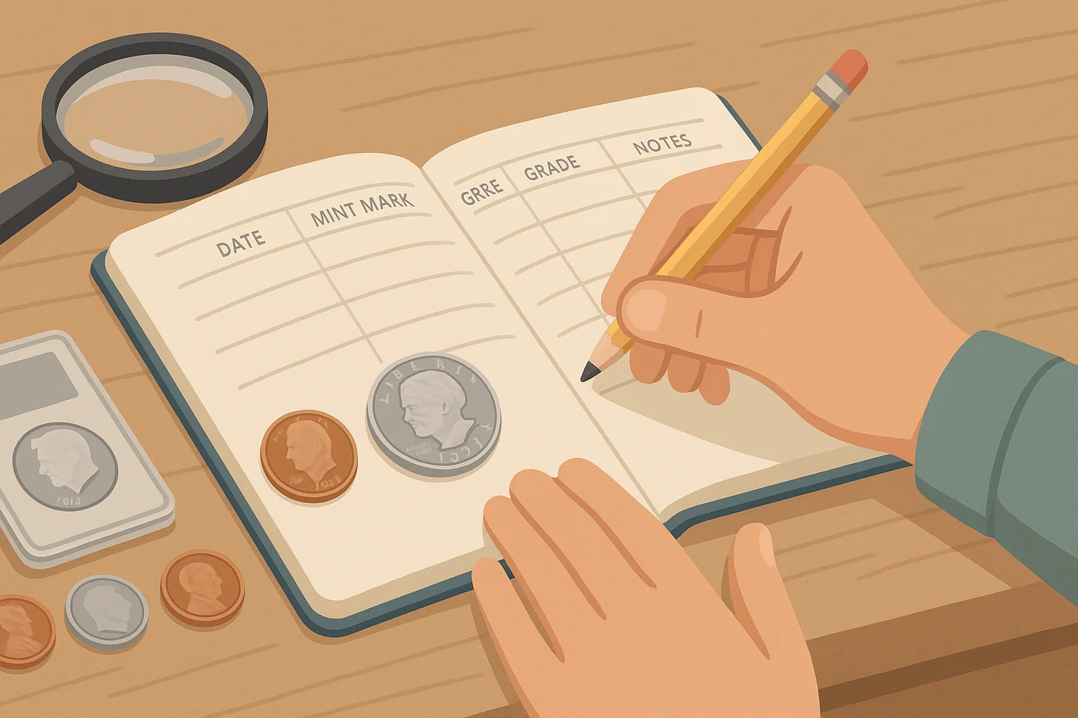 A collector taking notes on coins manually in the notebook.