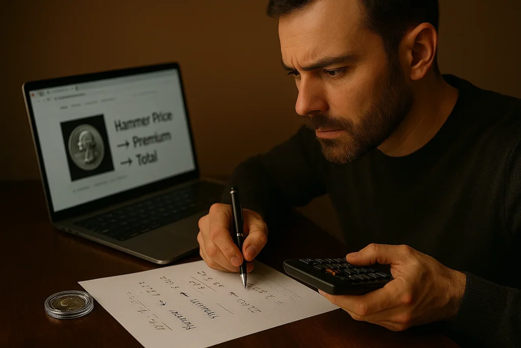 A collector calculates the final auction cost by checking hammer price, buyer’s premium, and fees while reviewing listing details on his laptop.