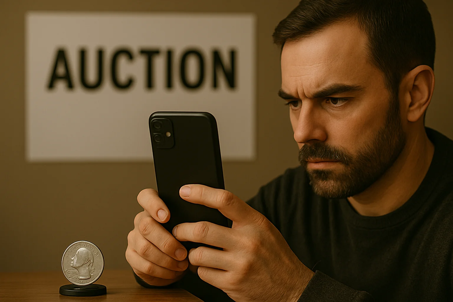 A bidder photographs a coin at an auction to verify details and the current estimated price before deciding whether to place a bid.