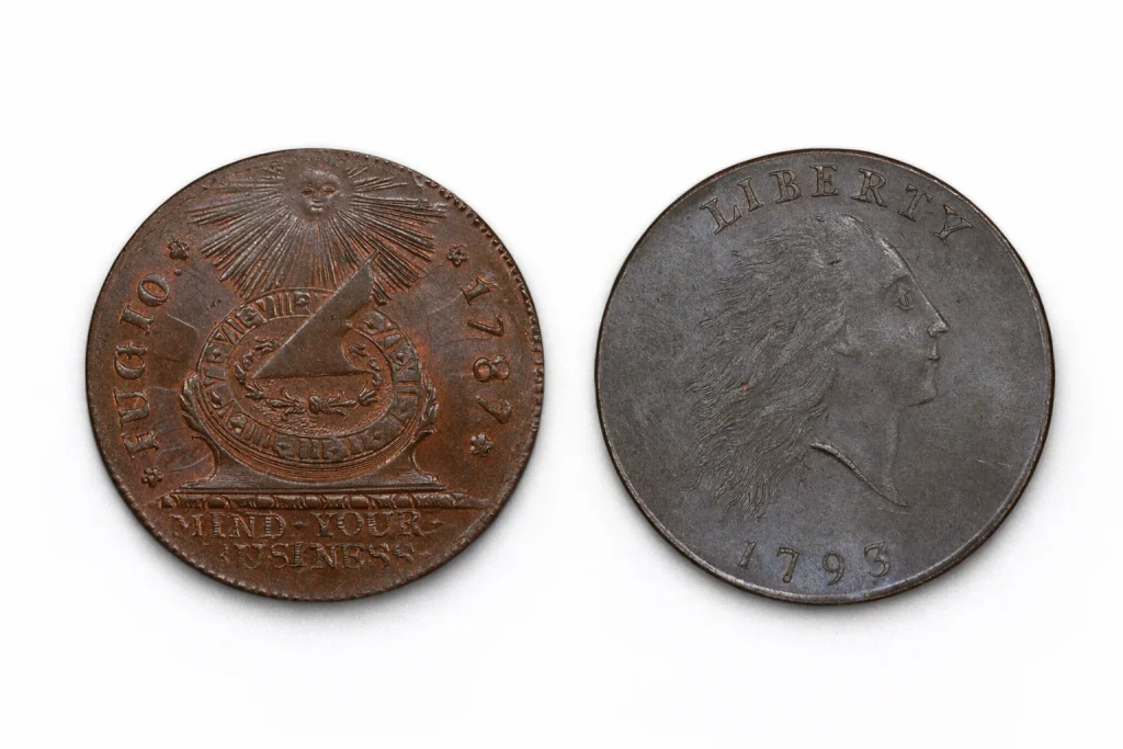 1787 Fugio cent and 1793 Chain cent side-by-side.