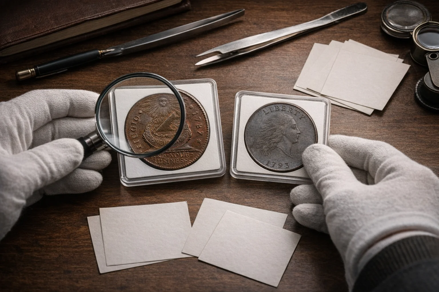  Collector comparing a Fugio cent and Chain cent in protective holders.